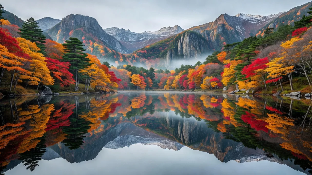 紅葉に囲まれた山湖のイメージ写真